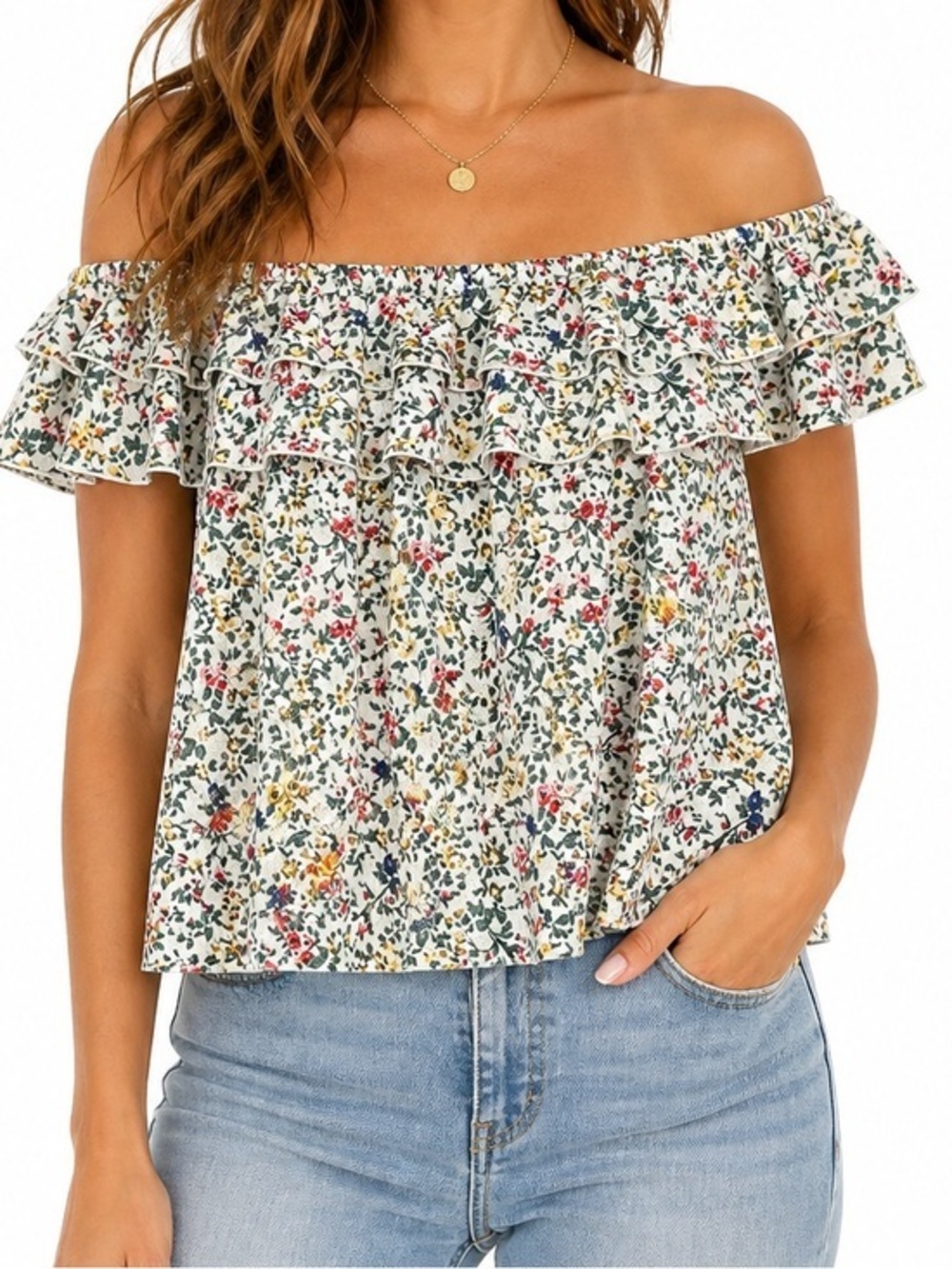 Melloday Floral Off Shoulder Ruffle Blouse Top Size L Cottagecore